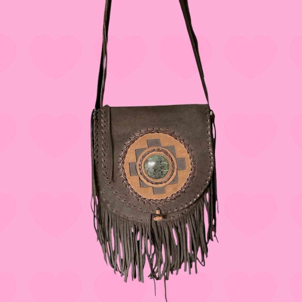 Crossbody Chakana Bag with Chrysocolla Crystal from Peru